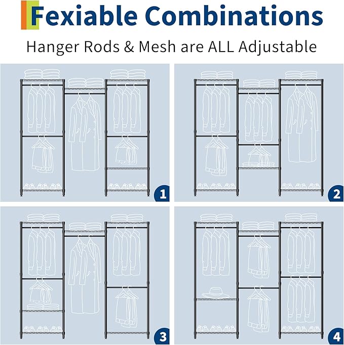 Portable Clothes Rack Heavy Duty Garment Rack, Large Freestanding Closet Wardrobe with Adjustable Shelves & 5 Hanging Rods, Closet Organizer and Storage for Bedroom Cloakroom, 76.5"H x 67.6"L x 15.5"W