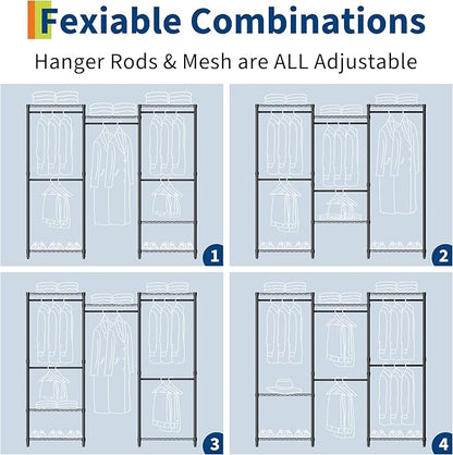 Portable Clothes Rack Heavy Duty Garment Rack, Large Freestanding Closet Wardrobe with Adjustable Shelves & 5 Hanging Rods, Closet Organizer and Storage for Bedroom Cloakroom, 76.5"H x 67.6"L x 15.5"W