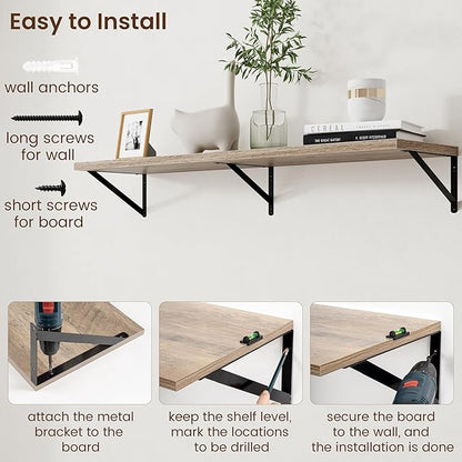 Axeman 12 Inch Deep Floating Shelves for Wall - 48 Inch Wide x 12 Inch Deep Wall Shelves Set of 2 - Rustic Grey Wood Floating Shelves for Living Room