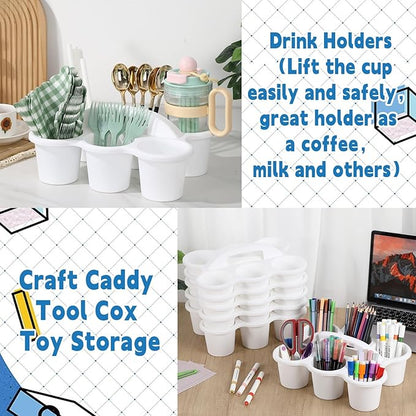 6 Pack Classroom Caddy with Handle Plastic Storage Caddy Organizer with 6 Compartments Drink Cup Caddies Holder Portable Storage Bin for Pencil, Crayon, Marker, Home, Office, School Supplies(White)