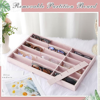 Amylove 2 Pcs Sunglass Organizer Trays Glasses Stackable Jewelry Trays Sunglass Organizer Display Box (18 Grids,Pink)