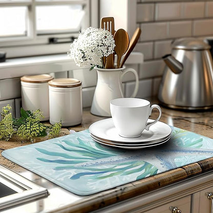 Summer Coastal Dish Drying Mats for Kitchen Counter Nautical Beach Starfish Coral Drying Pad Ocean Teal Blue Dish Draining Mats Absorbent Microfiber Dish Drainer Rack Mat Extra Large 18"x24"