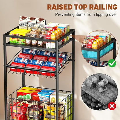 Fruit Vegetable Cart, 3-Tier Snack Kitchen Cart on Wheels & Wood Top, Utility Shelf Rack Organizer for Fruit, Vegetables, Potato, Snack, Black