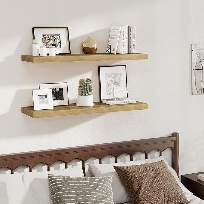 Fun Memories 12 Deep Floating Shelves, 40W x 12D Floating Shelves for Wall Set of 2, Extra Deeper Hanging Wood Shelves for Wall for Living Room Kitchen Laundry Room Kitchen Home Office - Oak