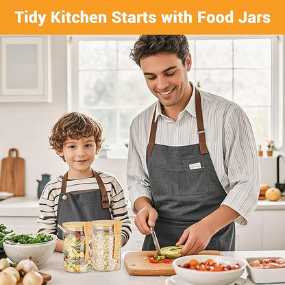 Glass Jars with Bamboo Lids and Spoon - 2 Pack 32 Fl.oz Round Food Storage Containers with Airtight Lid, Includes Labels and Marker, Glass Kitchen Canister for Rice, Flour, Sugar, Cereal, Oats