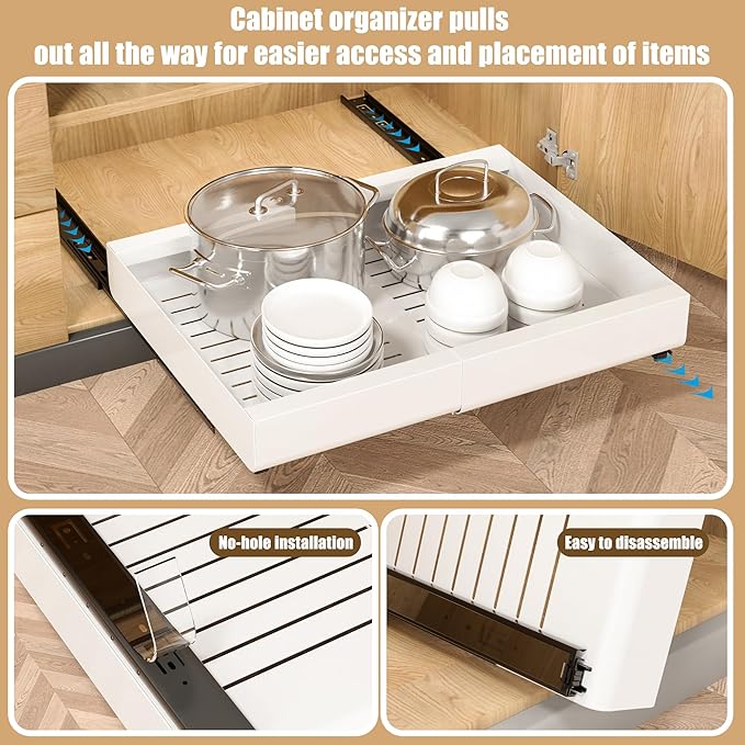 KLKE Pull Out Cabinet Organizer, Width Expandable (11.7"-19.7") Heavy Duty Slide Out Drawers Fixed with Adhesive Nano Film for Pots, Roll Out Shelf Storage For Kitchen,Pantry,Garage,Bathroom Storage