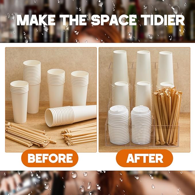 Acrylic Vertical Coffee Cup and Lid Dispenser, Coffee Condiment Organizer, 9 Compartment for Disposable Paper & Plastic Cup, for Cabinet Station Home Countertop Bar 13''l x 13''w x 12''h