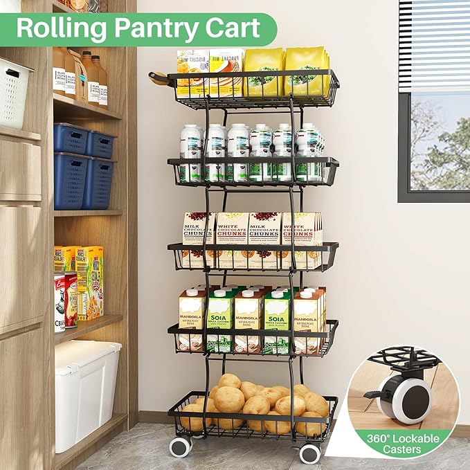 Fruit Basket Kitchen Pantry Organizers and Storage - 5 Tier Stackable Metal Wire Basket Stand for Fruit Vegetable Snacks Jars Bins Containers Organization, Black