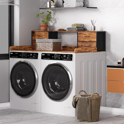 Washer and Dryer Countertop, 27.5" D x 53.9" W x 12.9" H Solid Wood Washer Dryer Countertop with Organizer Shelves with Four Drawers for Laundry Room Organization (Rustic Brown)
