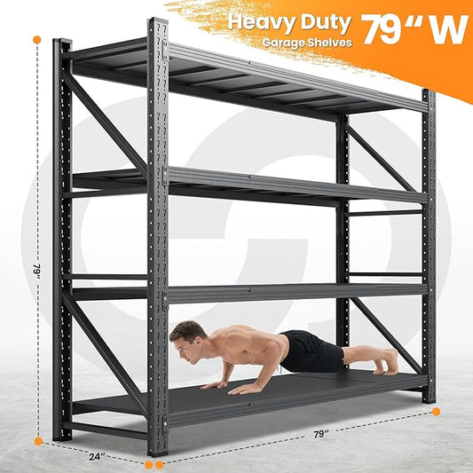 79”W Garage Shelving Heavy Duty, 7000LBS Metal Storage Shelves, 24” Deep Storage rack shelf, Steel Tall Industrial Shelving , 4 Tier Adjustable Standing Shelf for Warehouse / Shop 79"W x 24"D x 79"H