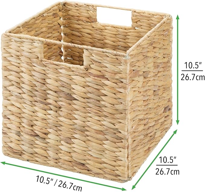 mDesign Natural Woven Hyacinth Cube Organizer Basket with Handles, Storage for Bathroom, Laundry Room Shelf or Nursery - Perfect for Cubby Storage Units - Hold Blankets and Books - 6 Pack, Natural/Tan