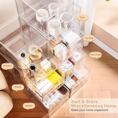 DILIBRA 2 Packs Large Stackable Storage Drawers, Plastic Clear Bathroom Make up Under Sink Drawer Organizers, Acrylic Bathroom Storage Bins for Cabinet Closet Office Kitchen Pantry Snacks Organization