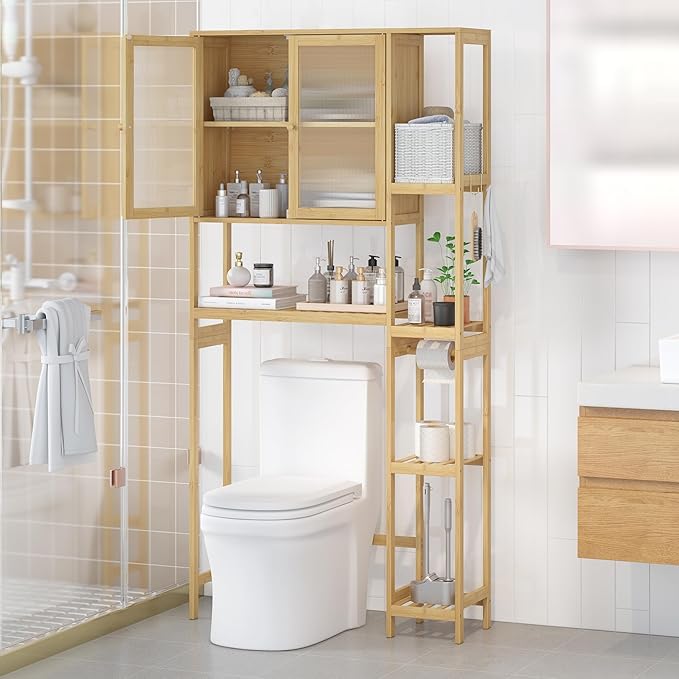 Wisuce Essentials Over The Toilet Storage Cabinet Above Toilet Bathroom Organizer with Toilet Paper Holder Stand Bath Organizer with Adjustable Shelves & Acrylic Doors,Anti-Tip Device (Nature)