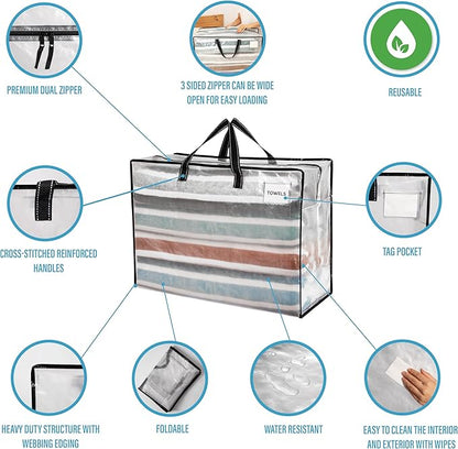 VENO 4 Pack Moving Bags, Christmas Storage Containers, Storage Totes, Zipper On Top, Sturdy, Storage Bags for Camping, Clothes, Bedding, Comforters, Pillows (27 Gallon Clear, 4 Pack)