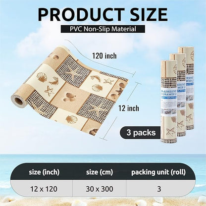 FIFTY FEET 12X120 Inch Shelf Liner for Kitchen Cabinets, PVC Drawer Liner for Dresser Non-Slip Bathroom, Non-Adhesive Cabinet Liner Washable (Beach)(3 Roll)