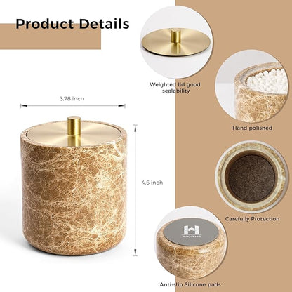 WORHE Marble Qtip Holder with Brass Lid for Cotton Swabs,Balls,Pads,Floss Picks Large Capacity Marble Apothecary Jar for Bathroom Essentials Decor, Vanity Makeup Storage Organizer Light Brown (WH080)