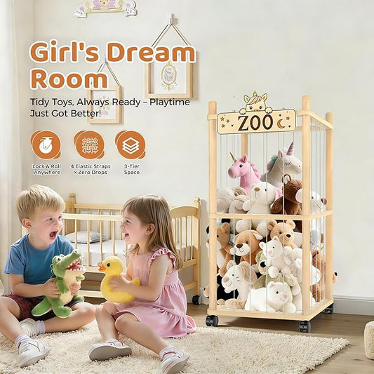 2 Tier Stuffed Animal Storage Zoo Tower,56In Wooden Large Stuffed Animal Holder Organizer with Wheels,Stuffy Plushies Storage with Elastic Band&Mesh Bottom,Toy Storage Organizers for Playroom Nursery