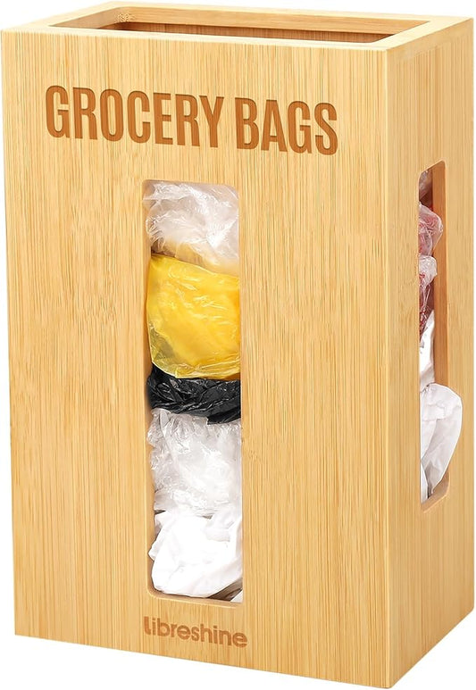 Extra Large Bamboo Grocery Bag Holder for Plastic Bags, Under Sink Cabinet or Wall Mounted Organizer, Space-Saving Bag Dispenser for Kitchen, Pantry, Laundry Room, Garage