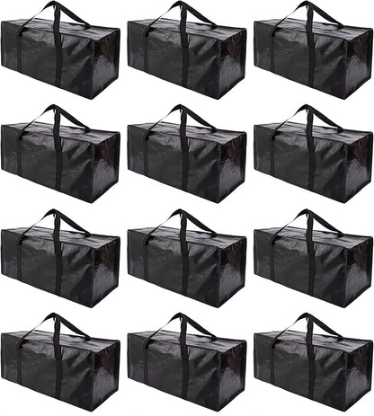 PANDA JOYS Extra Large Moving Bags with Zippers & Carrying Handles, Heavy-Duty Storage Tote for Space Saving Moving Storage, Fold Flat, Alternative to Box and Bin - 12 Pack, Black