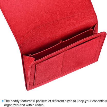 PATIKIL 11in Bedside Caddy, Bed Caddy Bedside Organizer Hanging 5 Pocket Soft Felt Bed Pockets Bedside Storage Organizer Remote Control Holder for Bedroom Phones Glasses, Red