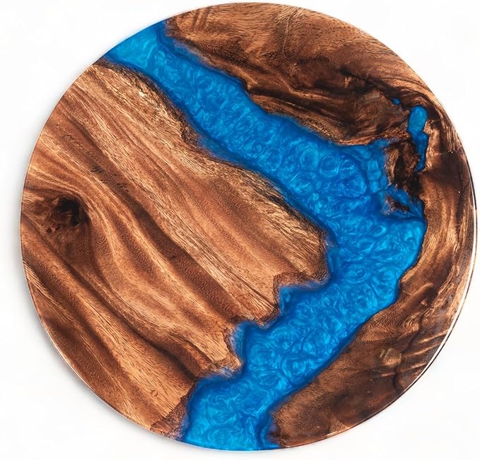 Handmade Reversible 16" Wood and Epoxy Resin Lazy Susan, Turntable for Kitchen Countertop, Rotating Display Stand, Organizer and Storage for Dining Table, Cup Board, Home Decor (Medium Blue)