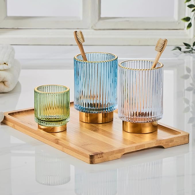 LEICURACE Makeup Brush Organizer, Toothbrush Holder, Desk Pen Pencil Holder, Multifunctional Vintage Glass Brush Cup (S/Green/A3-11-US)