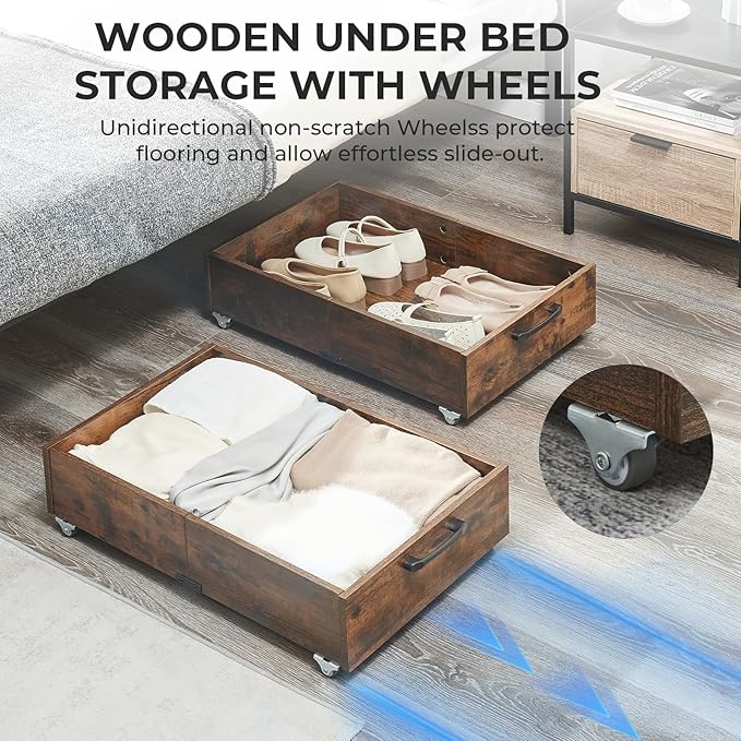 TIOPGHAD Under Bed Storage with Wheels, 2-Pack Under Bed Shoe Storage Organizer Drawer, Composite Wood Organizer for Shoes Clothes Containers in Bedroom for Clothes,Shoes(Brown)