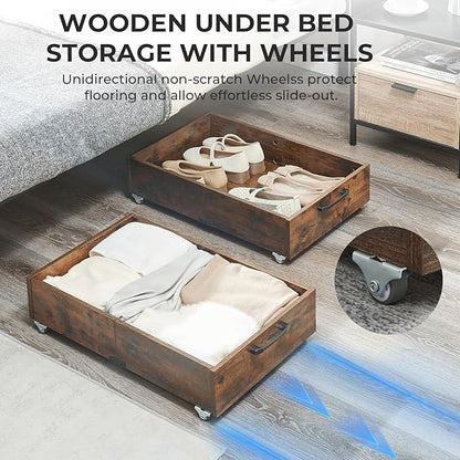 TIOPGHAD Under Bed Storage with Wheels, 2-Pack Under Bed Shoe Storage Organizer Drawer, Composite Wood Organizer for Shoes Clothes Containers in Bedroom for Clothes,Shoes(Brown)