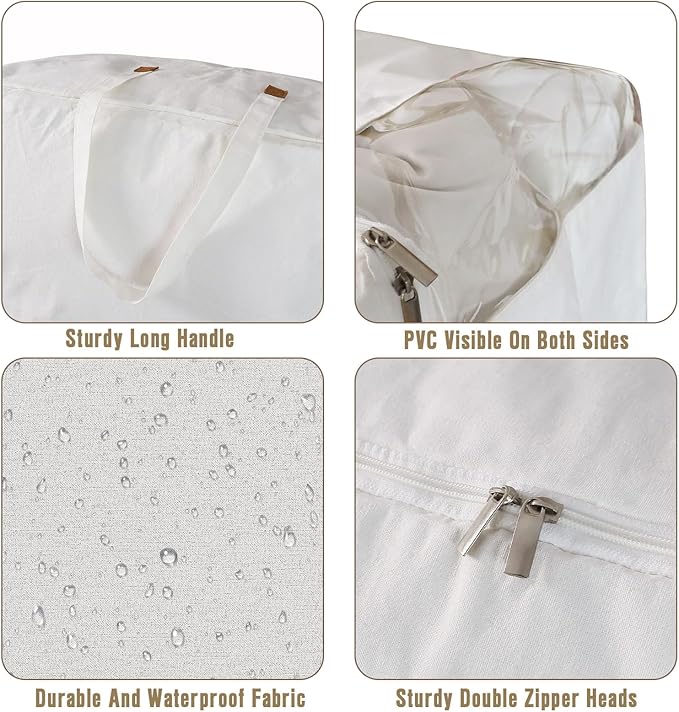 Heavy Duty Cotton Canvas Storage Bags For Comforter Blankets Clothes Extra Large Foldable Organizer with Clear Window & Reinforced Handles, Dustproof Design (White, 80L-2Pack)
