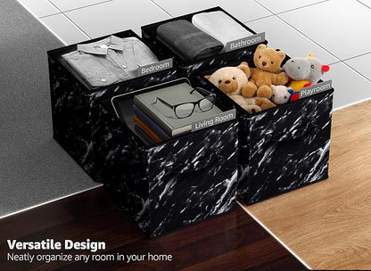 Sorbus Collapsible Fabric Storage Cubes - 11" Foldable Organization Baskets with Handle - 4 Black Marble for Pantry, Closet, Nursery, Dorm, Toy Storage