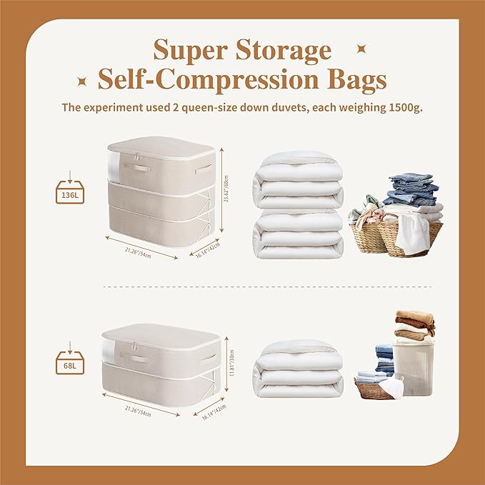 Compression Storage Bags for Bedding, 68L Ultra Space Saving Self Compression Organizer with Transparent Window, Used for Storing Comfortable Blankets,Bedding,Pillows,Clothes (Oatmeal 21x16x11 in)