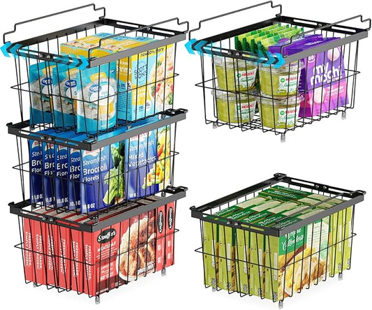 iSPECLE Freezer Organizer Bins - 5 Pack Adjustable & Extra Large Deep Freezer Organizer Bins for 5 to 9 Cu.Ft Chest Freezer, Easy Organize Basket Store More, Stackable No Wasted Space, Black