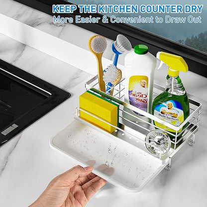 Cisily Stainless Steel Sponge Holder for Kitchen, Sink Caddy Sink Organizer Rack for Kitchen Accessories with Drip Tray, Rustproof and Non-slip, Dish Soap Dispenser Countertop Organizer