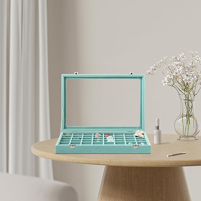Frebeauty 48 Grid Jewelry Tray,Adjustable Earring Holder Organizer with Glass Lid,Velvet Drawer Jewelry Organizer for Rings,Studs,13.8 x 9.5 x 2 Inches Jewelry Display Box,Gift for Women(Turquoise)