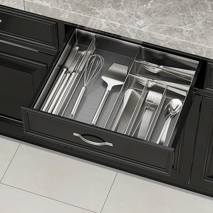 JANE EYRE Utensil Drawer Organizer - Expandable Cutlery Tray, Silverware/Flatware Storage Divider for Kitchen, Mesh Designing with Non-slip Rubber Feet (Silver)