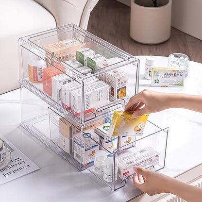 Sgoostood 2 Pack Stackable Organizer Drawers, Clear Desk Storage Box,Transparent Drawer in Home, Office and Kitchen Pull Out Organizer Bins for Make Up, Pen, Desktop Stationary (2Extra Large)