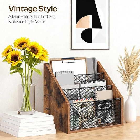 Magazine Holder, Wood Magazine Rack Floor, Mail Organizer Countertop, Magazine Mail Holder Sorter, Record Holder for Magazines, Books, Newspapers, Tablets, Rustic Brown and Black MR02BR