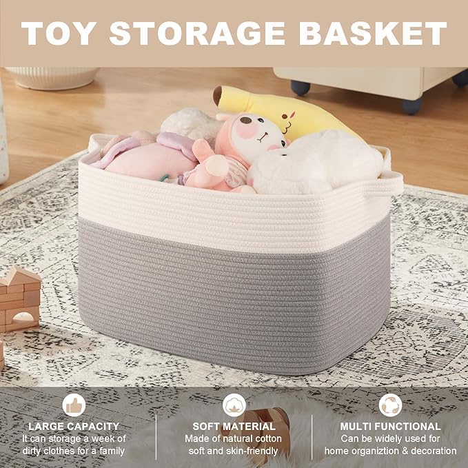 Blanket Basket for Living Room, Cotton Rope Basket for Storage, Toy Baskets Bin for kids, Woven Baskets with Handles for Clothes, Towels, Pillows, 20" x 16" x 12", Grey and White