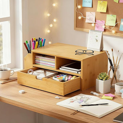 Hiceeden 2 Tier Bamboo Desktop Organizer, Desk Monitor Stand Riser with 1 Drawer and 2 Pen Holder, 2 Compartment Computer Desk Storage Organizer for Laptop, Printer