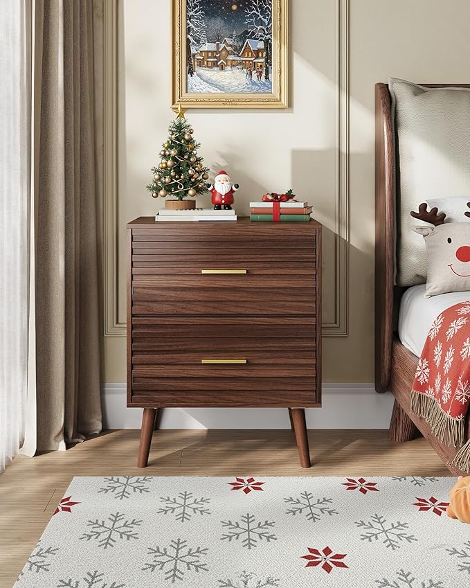 WLIVE Wood Night Stand Set of 2 with 2 Drawers, Mid Century Modern Nightstand Sets, Fluted Bed Side Tables for Bedroom, Dorm, Living Room End Table