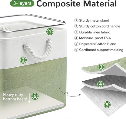 12 x 12 Inch Cube Storage Bins, 4 Pack Fabric Storage Basket with Handles, Foldable Boxes Organizer for Shelf Baskets for Home, Clothes (White/Green)