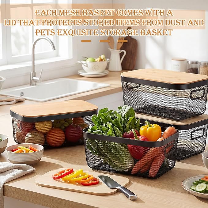 Sawysine 4 Pcs Metal Mesh Steel Basket with Handles and Bamboo Lids 16 x 9.8 '' Stackable Black Wire Basket Pantry Organization and Storage for Cabinets Shelves Kitchen Harvest