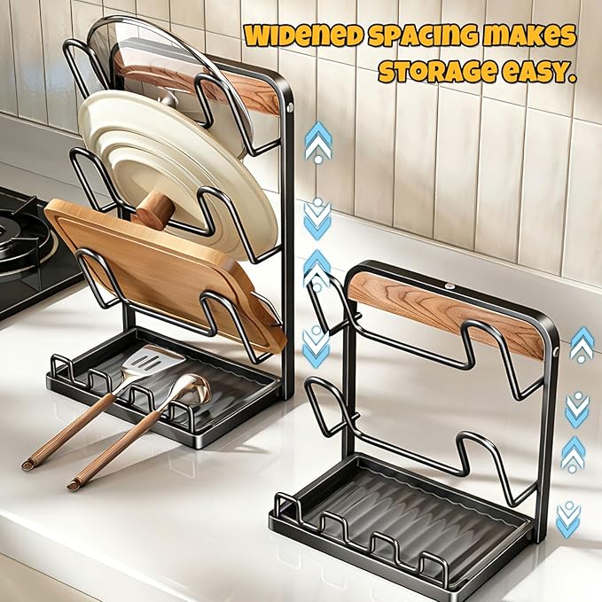 Lid Holder While Cooking, Countertop Pot Lid Organizer, To Keep Cooking Utensils Handy, Comes with A Draining Tray, Suitable for Holding Pot Lids and Spoons for Pots, Pans Two stories