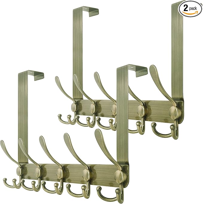 SKOLOO Over The Door Hook - for Doors up to 1-3/4'' Thickness, Pack of 2, Metal Door Hanger with 5 Triple Hooks, Bronze Over The Door Hanger for Coats, Hats,Towels, Assembly Required