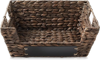 Casafield Set of 2 Water Hyacinth Pantry Baskets with Handles, Chalkboard Labels, and Marker - Espresso, Wide Woven Storage Bin Organizers for Kitchen Shelves