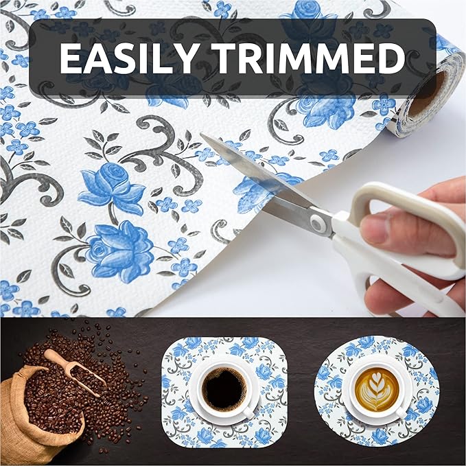 FIFTY FEET 12X120 Inch Shelf Liner for Kitchen Cabinets, PVC Drawer Liner for Dresser Non-Slip Bathroom, Non-Adhesive Cabinet Liner Washable (Blue Floral)(7 Roll)