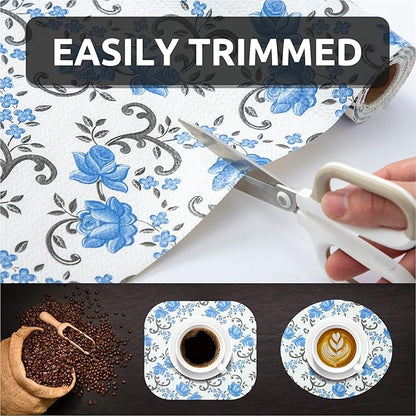 FIFTY FEET 12X120 Inch Shelf Liner for Kitchen Cabinets, PVC Drawer Liner for Dresser Non-Slip Bathroom, Non-Adhesive Cabinet Liner Washable (Blue Floral)(7 Roll)