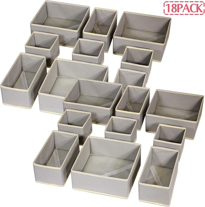 DIOMMELL Set of 18 Foldable Cloth Storage Box Closet Dresser Drawer Organizer Fabric Baskets Bins Containers Divider for Baby Clothes Underwear Bras Socks Lingerie Clothing,Grey 666