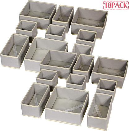 DIOMMELL Set of 18 Foldable Cloth Storage Box Closet Dresser Drawer Organizer Fabric Baskets Bins Containers Divider for Baby Clothes Underwear Bras Socks Lingerie Clothing,Grey 666