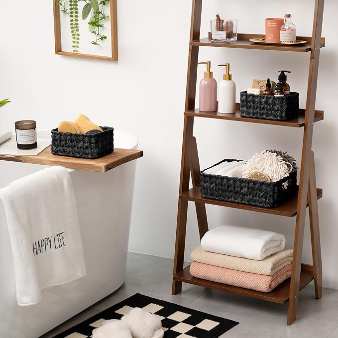 GRANNY SAYS Wicker Baskets for Organizing, Wicker Storage Basket for Shlef, Woven Baskets Oraganizer, Waterproof Vanity Basket for Towel, Home Organization, Black, 3-Pack